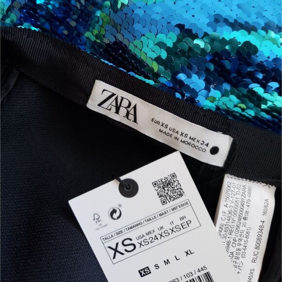 Zara Sequin High Waisted Mini Skirt in Blue and Green Wave Pattern Retro Size XS - Picture 10 of 12